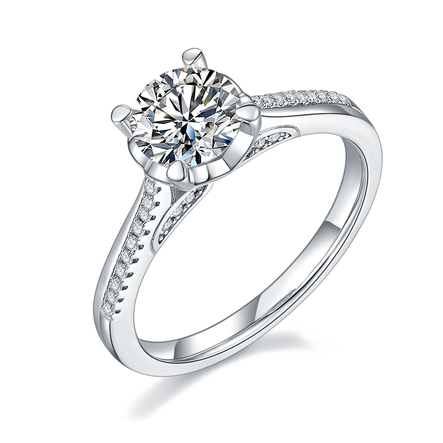 6.5mm 1ct Moissanite Ring in 18K White Gold or Sterling Silver