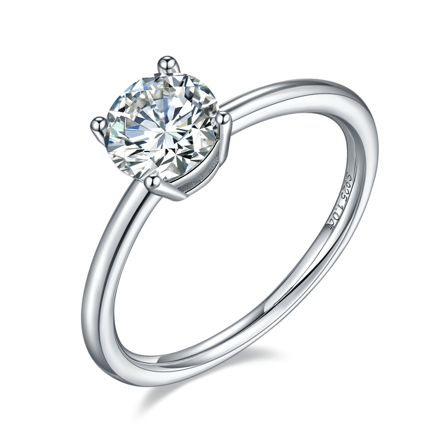 Classical 1ct Round Brilliant Cut Moissanite Ring in 18K White Gold or Sterling Silver