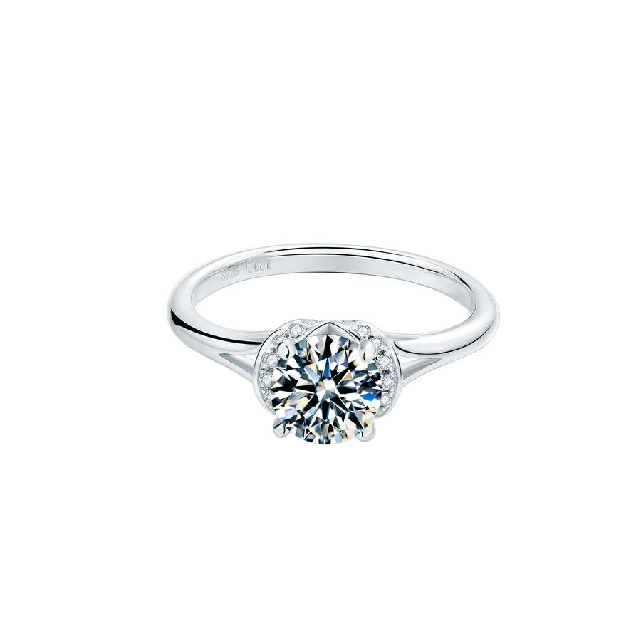 6.5mm 1ct Round Brilliant Moissanite Ring in 18K White Gold or Sterling Silver