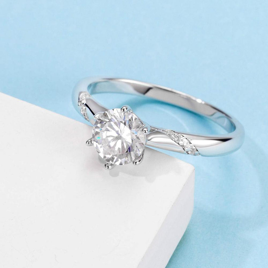 6.5mm 1ct Moissanite Ring in 18K White Gold or Sterling Silver