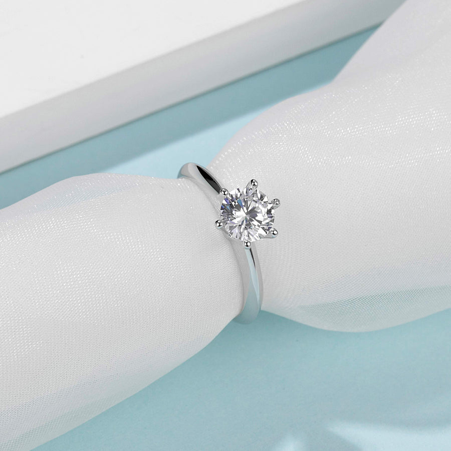 1ct 6.5mm Moissanite Ring in 18K White Gold or Sterling Silver