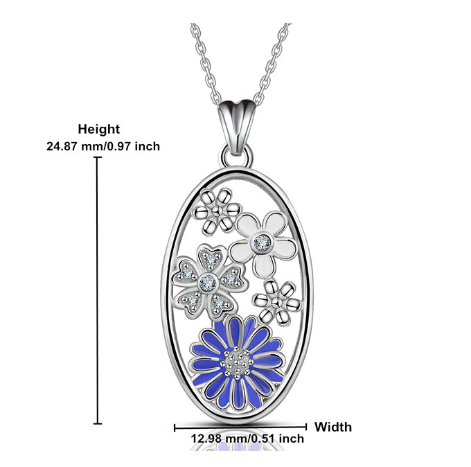 Sterling Silver Flower Necklace with Cubic Zirconia, Rhodium Plated