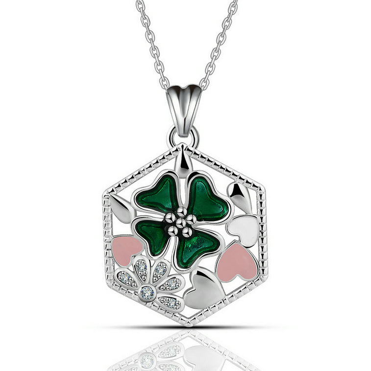 Sterling Silver Flower Necklace with Cubic Zirconia, Rhodium Plated