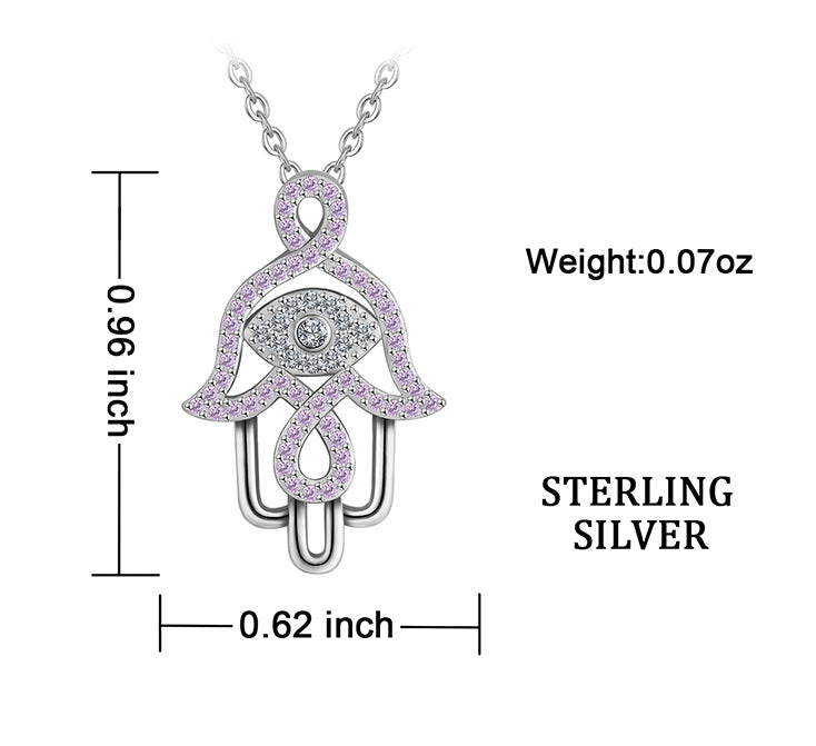 Sterling Silver Evil Eye and Hamsa Necklace with Pink Cubic Zirconia, Rhodium Plated