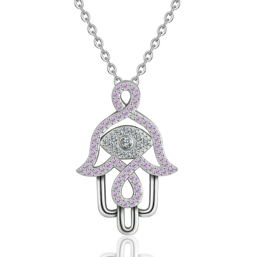 Sterling Silver Evil Eye and Hamsa Necklace with Pink Cubic Zirconia, Rhodium Plated