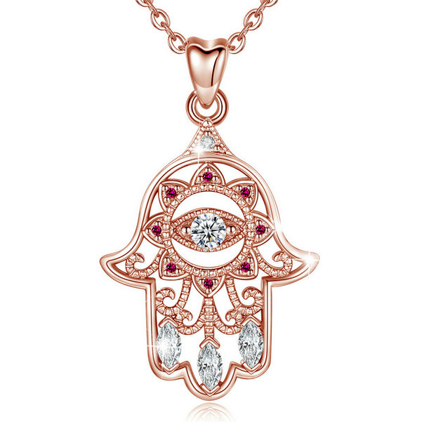 Sterling Silver Hamsa and Evil Eye Necklace with Red Cubic Zirconia, Rose Gold Plated