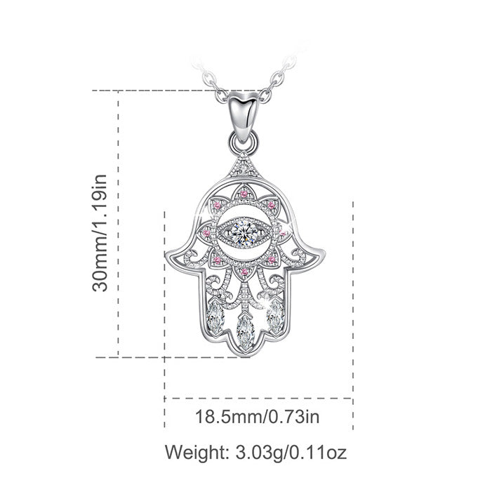 Sterling Silver Hamsa and Evil Eye Necklace with Pink Cubic Zirconia, Rhodium Plated