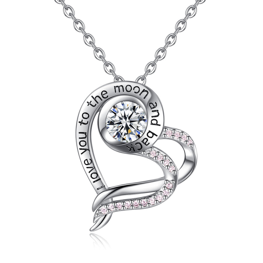 Sterling Silver Heart Necklace with Cubic Zirconia, Rhodium Plated