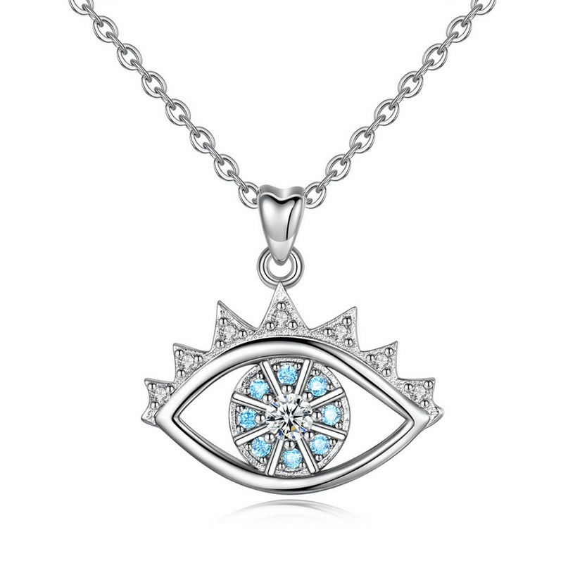 Sterling Silver Evil Eye Necklace with Blue Cubic Zirconia, Rhodium Plated