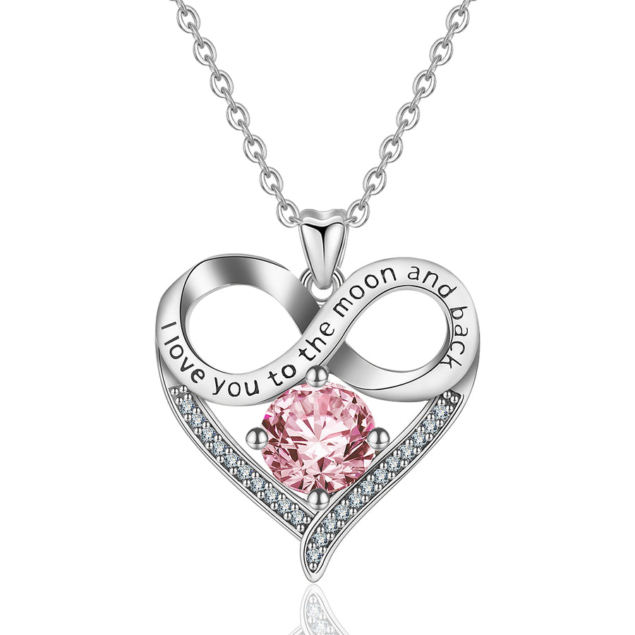 Sterling Silver Heart Necklace with Pink Cubic Zirconia, Rhodium Plated