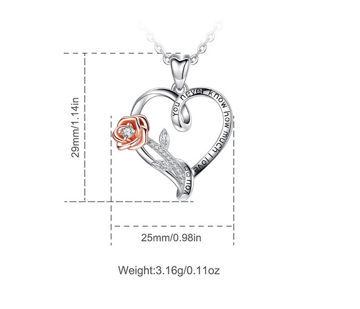 Sterling Silver Heart and Flower Necklace with Cubic Zirconia, Rose Gold and Rhodium Plated