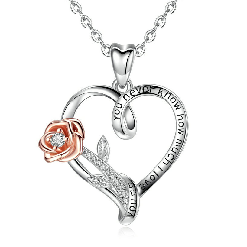 Sterling Silver Heart and Flower Necklace with Cubic Zirconia, Rose Gold and Rhodium Plated