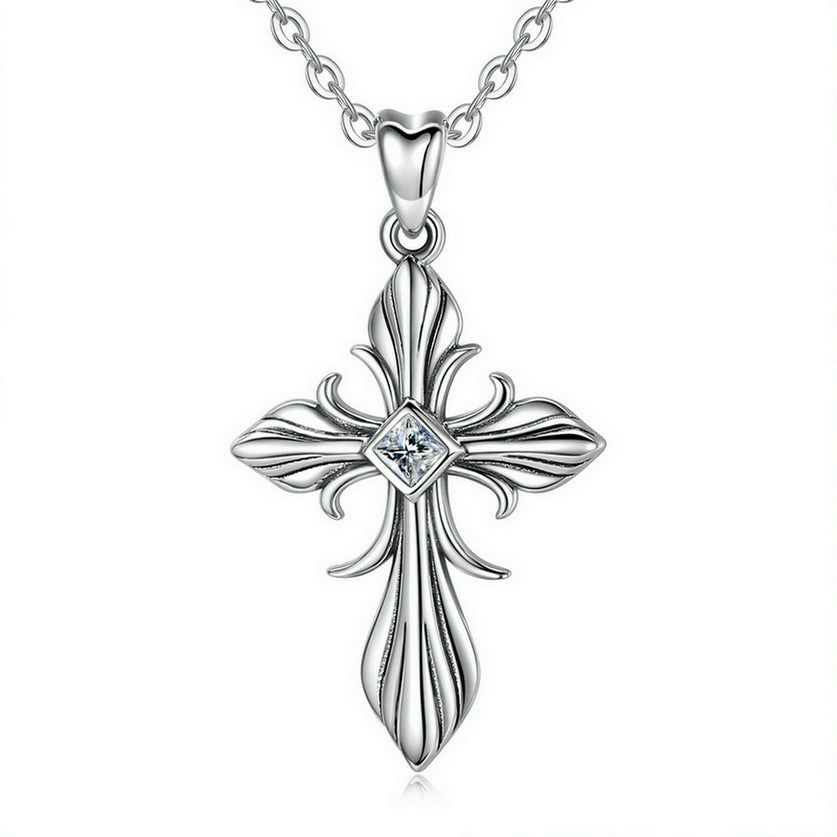 Cross Necklace in Sterling Silver with Cubic Zirconia, Vintage Oxidised, Rhodium Plated,