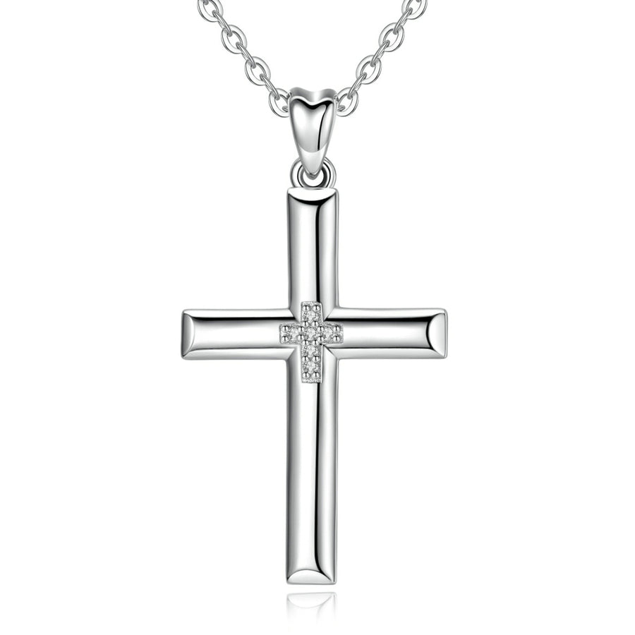 Sterling Silver Cross Necklace with Cubic Zirconia, Rhodium Plated