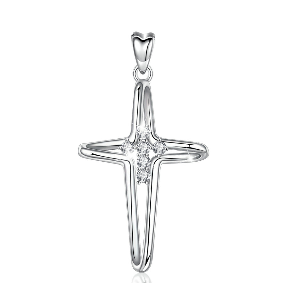 Sterling Silver Cross Necklace with Cubic Zirconia, Rhodium Plated