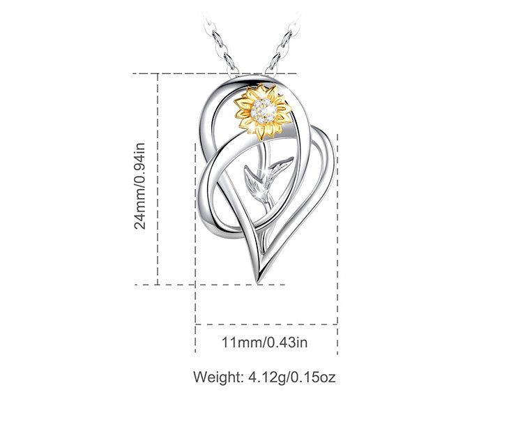 Sterling Silver Heart and Sunflower Necklace with Cubic Zirconia, Gold and Rhodium Plated