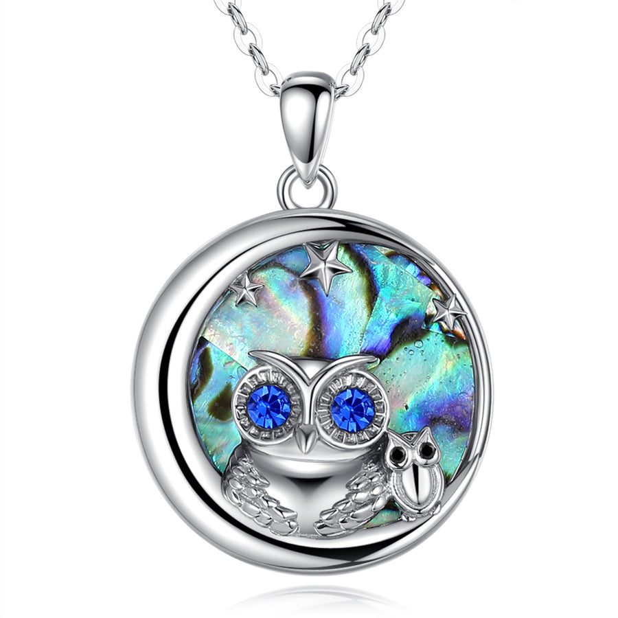 Moon and Owl Necklace in Sterling Silver with Blue Cubic Zirconia, Rhodium Plated, for mum