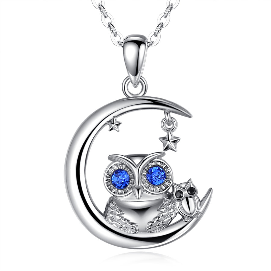 Moon and Owl Necklace in Sterling Silver with Blue Cubic Zirconia, Rhodium Plated, for mum