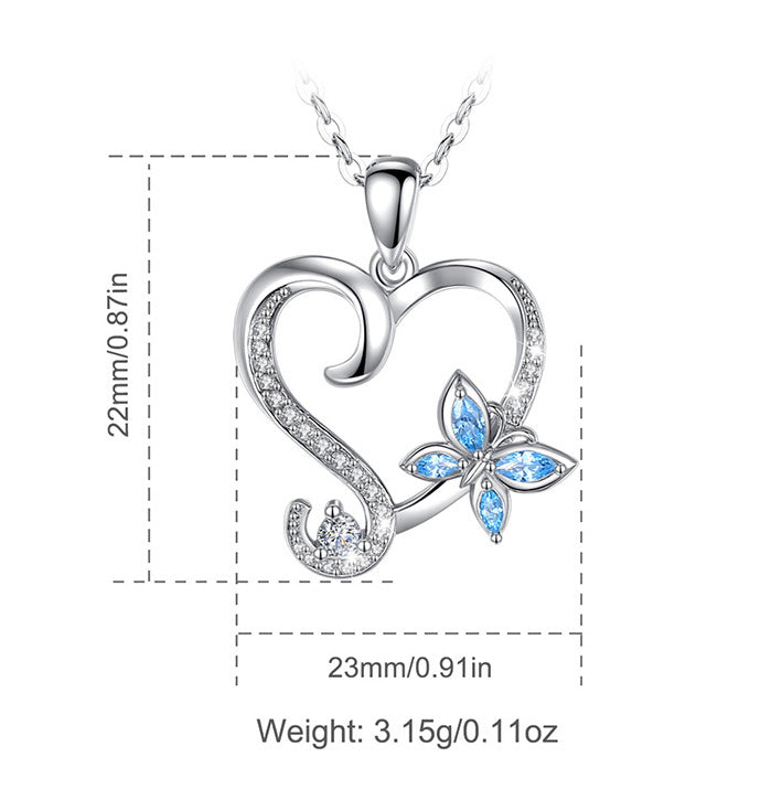 Blue Cubic Zirconia Heart with Butterfly Pendant Necklace, Sterling Silver, Rhodium Plated