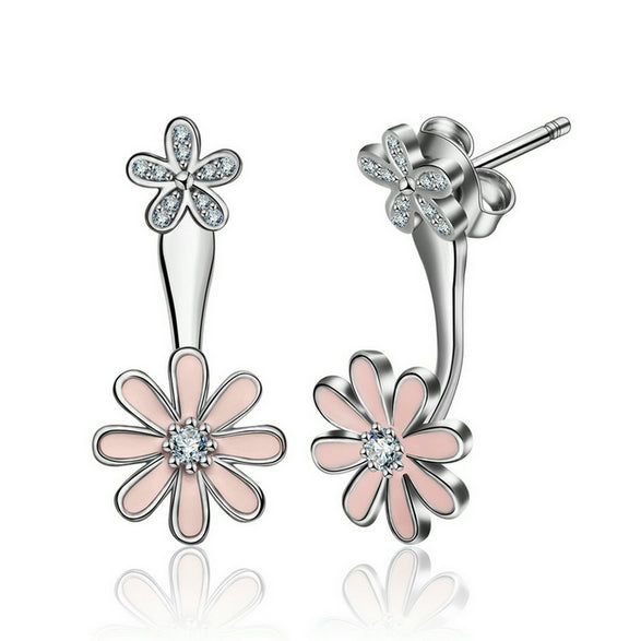 Pink Flower Stud Earring in Rhodium Plated Sterling Silver with Cubic Zirconia