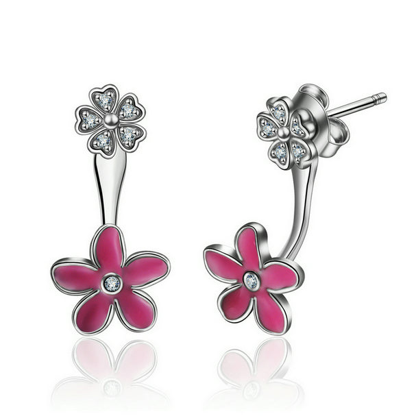 Red Flower Stud Earring in Rhodium Plated Sterling Silver with Cubic Zirconia