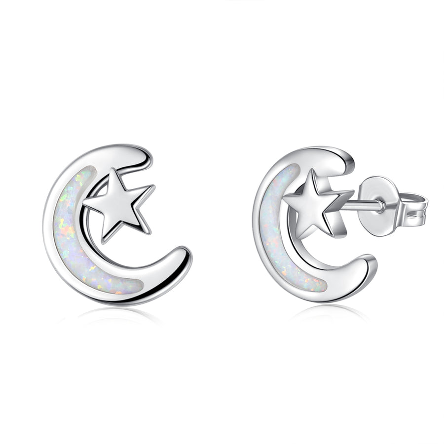 Moon & Star Stud Earring in Rhodium Plated Sterling Silver