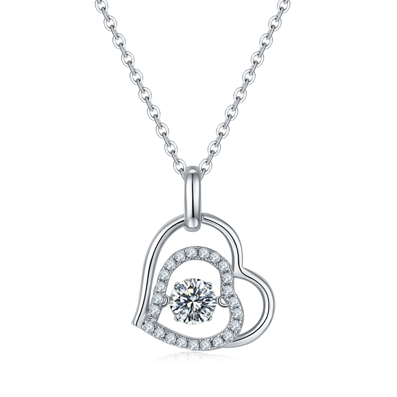 Moissanite Necklace - 925 Sterling Silver, White Gold Plated, double heart pendant necklace